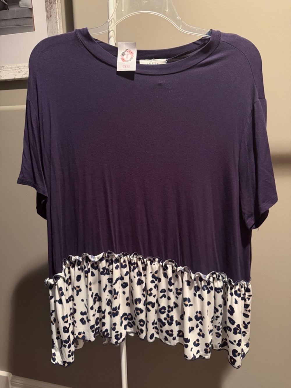 Janette Plus Navy Short Sleeve Top with White Navy Spotted Ruffle